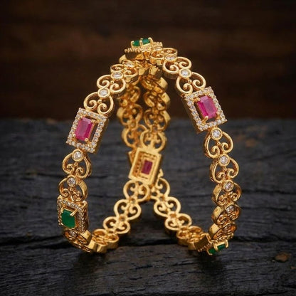 Gold Plated Filigree Bangle Set - 2 Piece with Ruby & Emerald Stones - Riwaaj