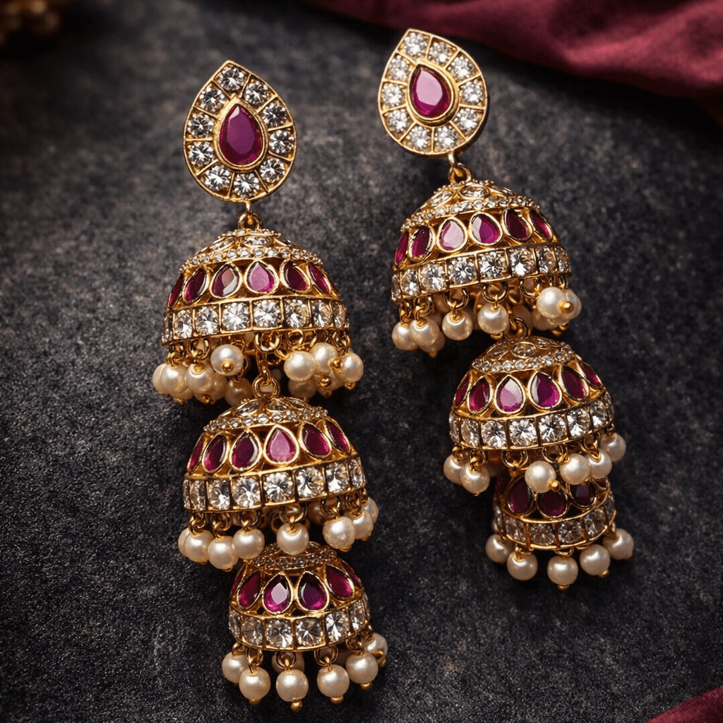 Heritage Three - Bell Jhumka Earrings – Gold Kundan, Emerald & Ruby - Riwaaj