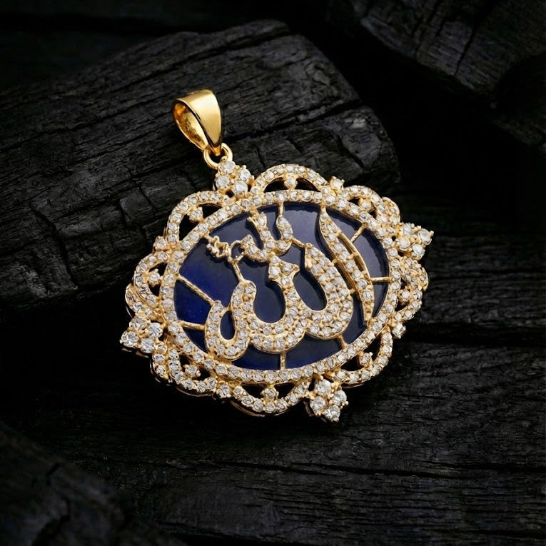 Elegant gold-plated Allah pendant with sparkling zircon stones.