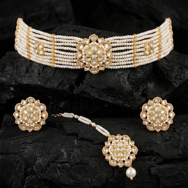 Layered Pearl Choker Set - Gold Plated Kundan Jewelry - Riwaaj
