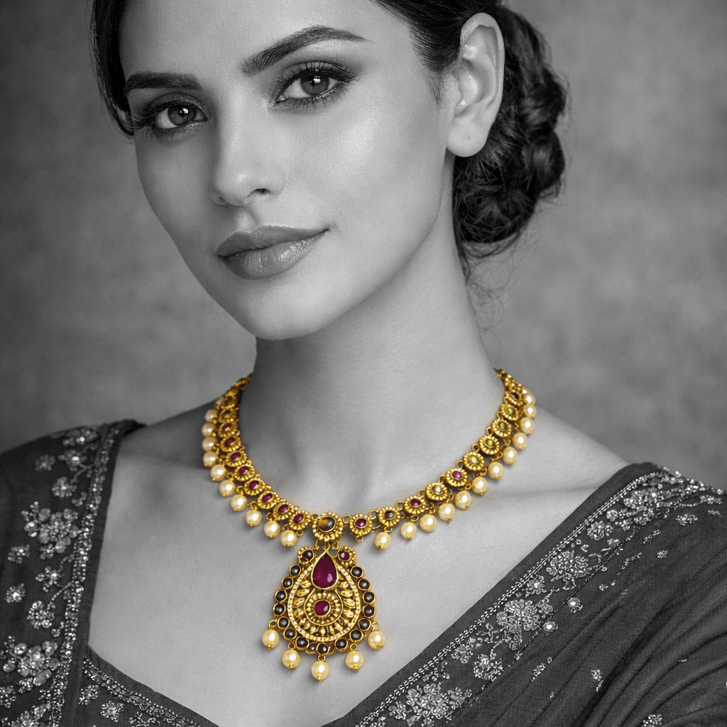 Heritage Crescent Moon Long Chain Necklace Set with Pearl Drops - Gold Plated - Riwaaj