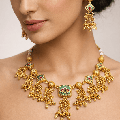 Luminous Meenakari Enamel Jewelry Set with Tassel Earrings - Gold Plated - Riwaaj