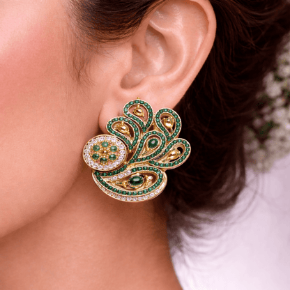Amber Aura Paisley Earrings – Gold Pavé Statement Studs with CZ Clusters - Riwaaj