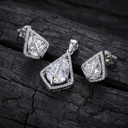 Silver Plated Leaf Teardrop Jewelry Set - Pendant & Earrings