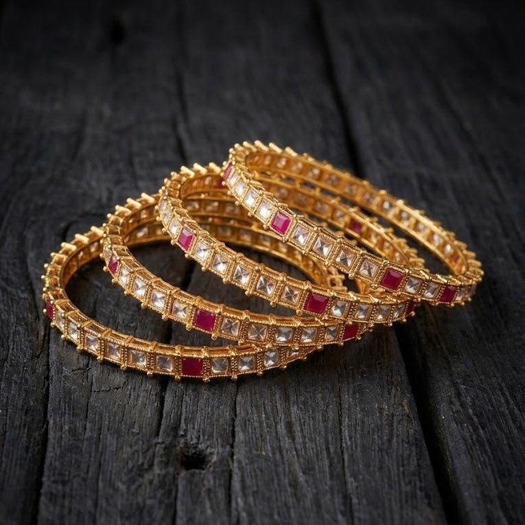 Gold Plated Square - Cut Bangle Set - 4 Piece with Ruby & Crystal Stones - Riwaaj