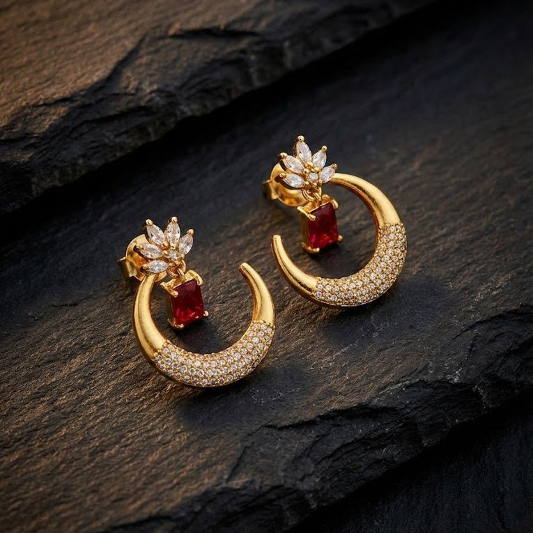 Gold Plated Crescent Lotus Drop Earrings with Zirconia Stones - Riwaaj