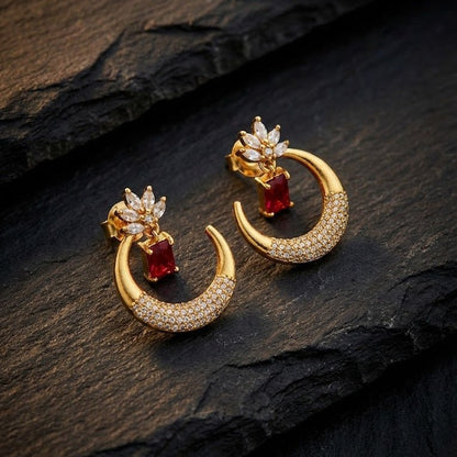 Gold Plated Crescent Lotus Drop Earrings with Zirconia Stones - Riwaaj