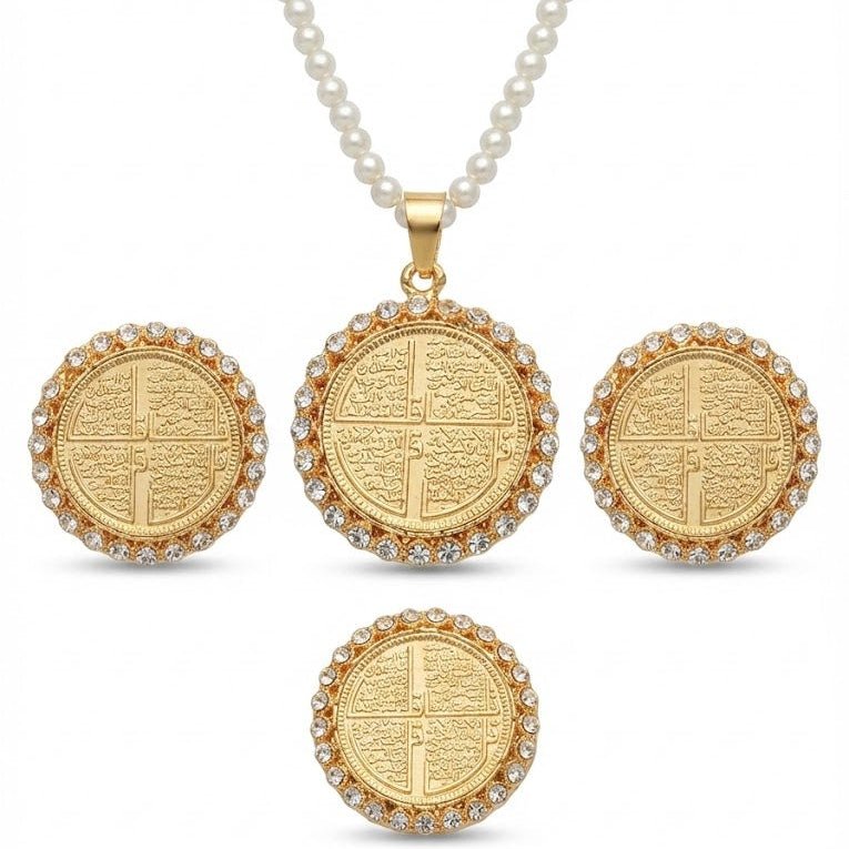 Char Qul Locket Set – 22K Gold Plated | 3 - Piece Islamic Jewellery Set | Earrings, Pendant & Ring - Riwaaj