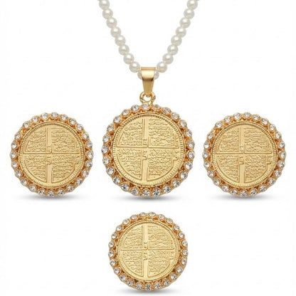 Char Qul Locket Set – 22K Gold Plated | 3 - Piece Islamic Jewellery Set | Earrings, Pendant & Ring - Riwaaj