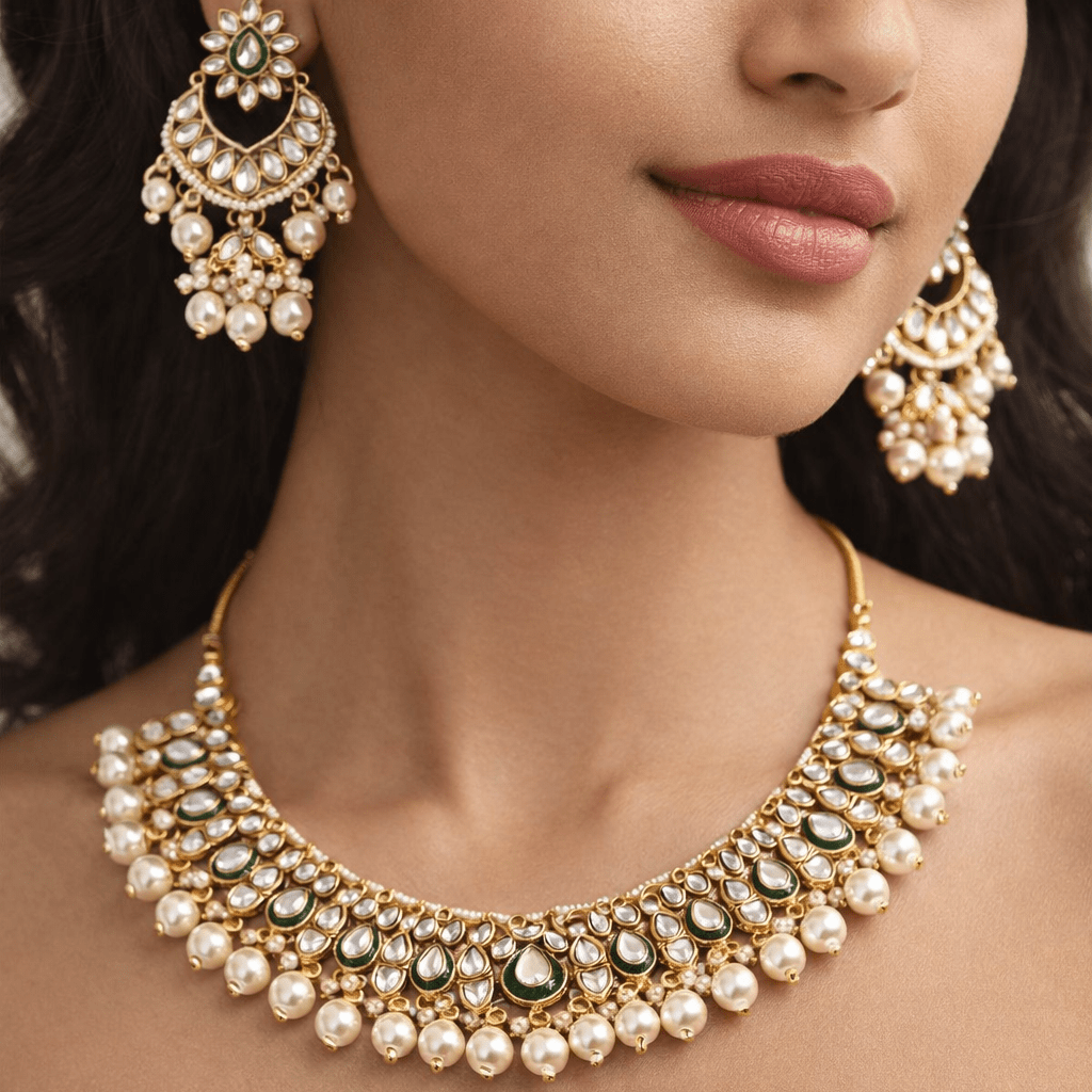 Moonlight Mirror - Work Kundan Set with Chandbali Earrings - 3 Piece Gold Plated - Riwaaj
