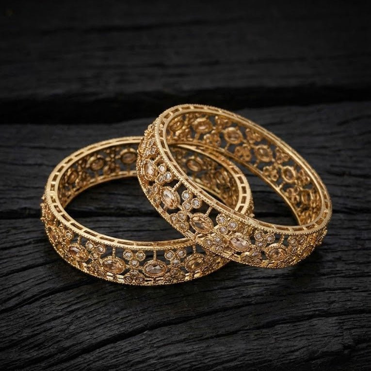 Antique Gold Lattice Bangle Set - 2 Piece Vintage Style - Riwaaj
