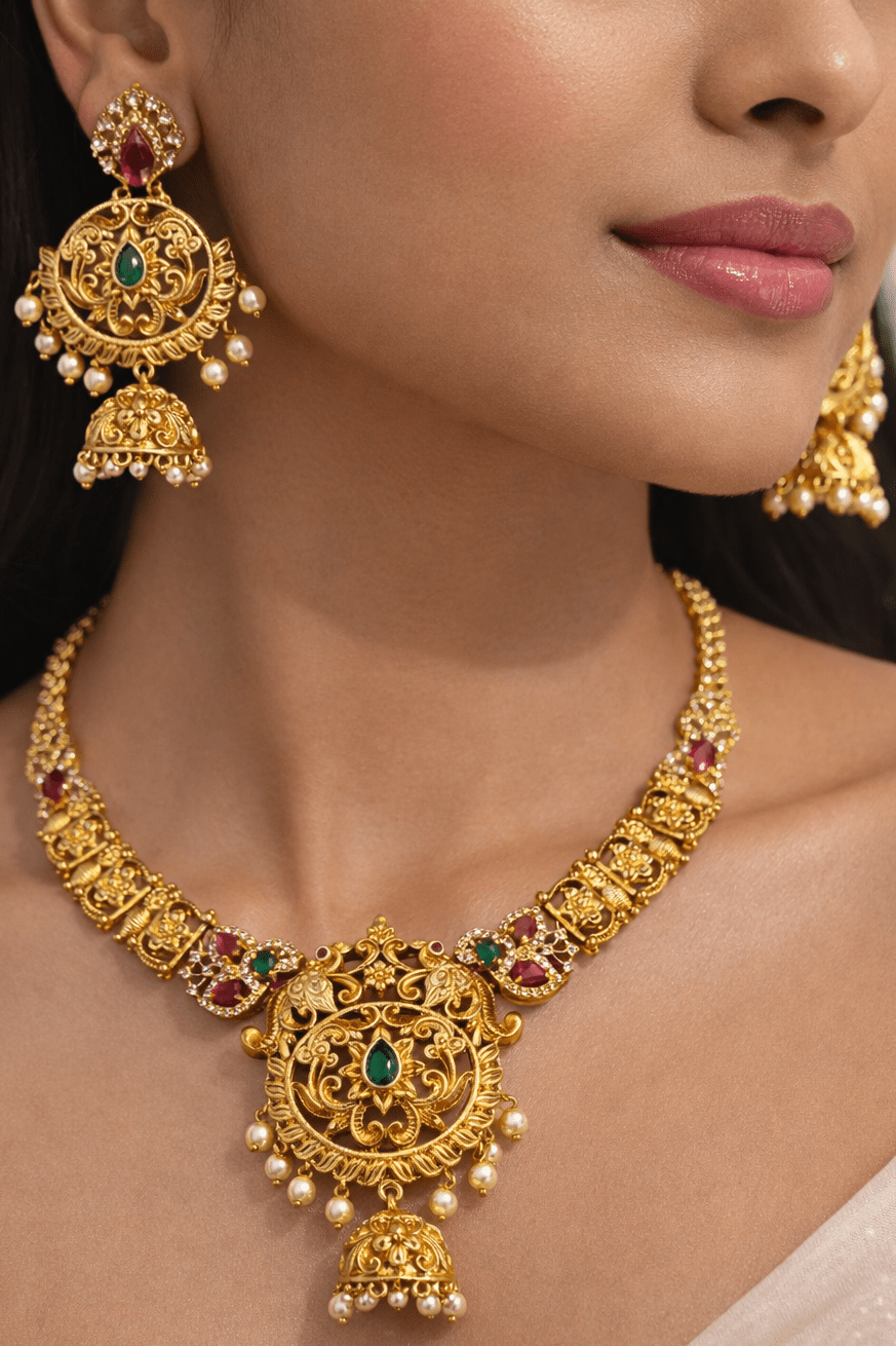 Royal Filigree Jewelry Set with Jhumka Earrings - Antique Gold Plated - Riwaaj