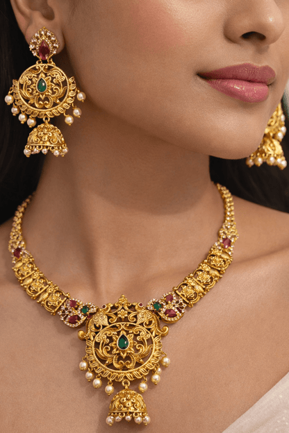 Royal Filigree Jewelry Set with Jhumka Earrings - Antique Gold Plated - Riwaaj