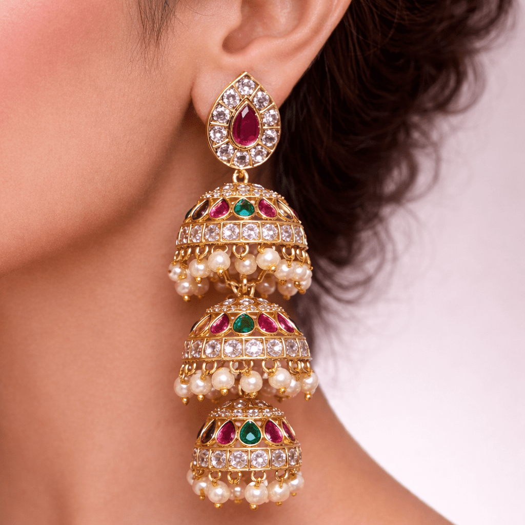 Heritage Three - Bell Jhumka Earrings – Gold Kundan, Emerald & Ruby - Riwaaj