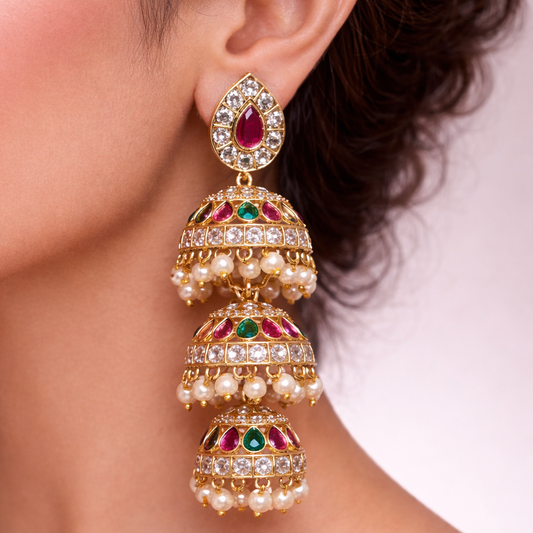 Heritage Three-Bell Jhumka Earrings – Gold Kundan, Emerald & Ruby