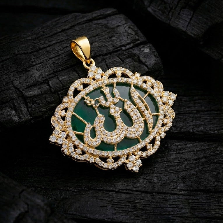 Elegant gold-plated Allah pendant with sparkling zircon stones.