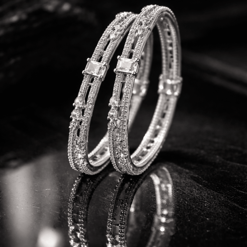 Hoorain Zirconia Bangles - 22K Silver Plated Diamond - Cut Bracelets - Riwaaj