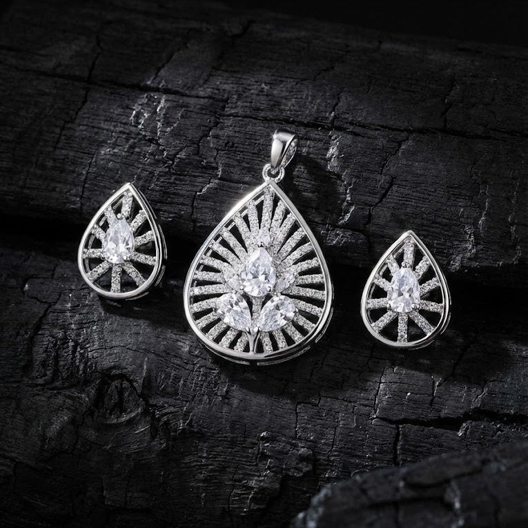 Silver Plated Teardrop Pendant & Earring Set with Zirconia Stones