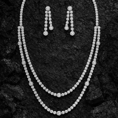 Crystal Glitz Multi - Strand Necklace Set - Silver Plated Luxury Jewelry - Riwaaj
