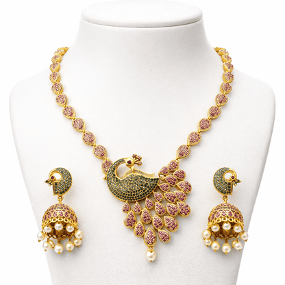 Royal Peacock Necklace Set with Jhumka Earrings - Gold Plated Heritage Jewelry - Riwaaj