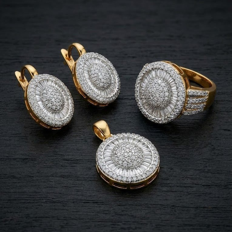 Gold & Silver Plated Oval Halo Jewelry Set - Pendant, Ring & Earrings