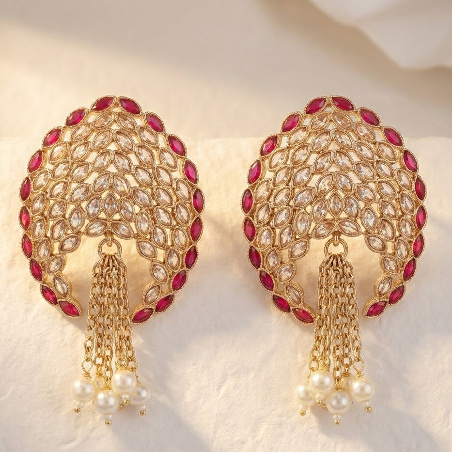 Gold Plated Statement Tassel Earrings with Pearls & Marquise Stones