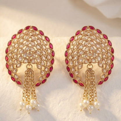 Gold Plated Statement Tassel Earrings with Pearls & Marquise Stones