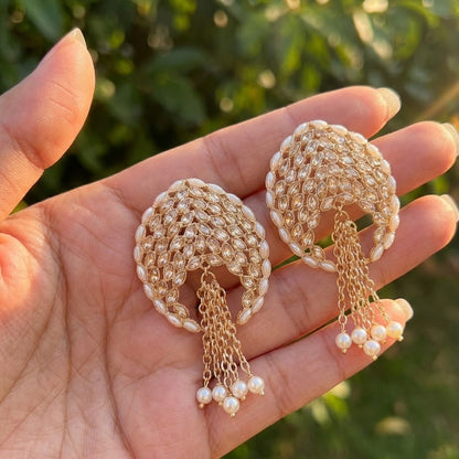 Gold Plated Statement Tassel Earrings with Pearls & Marquise Stones