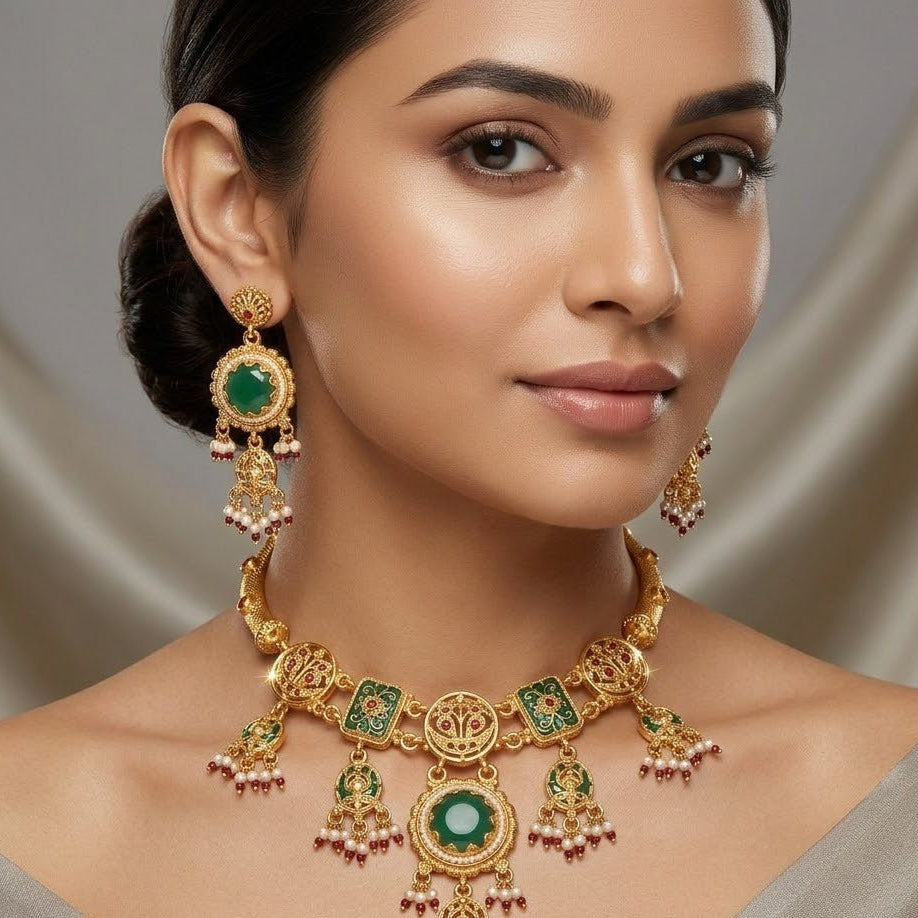 Royal Veridian Collar & Drop Earring Set - Riwaaj