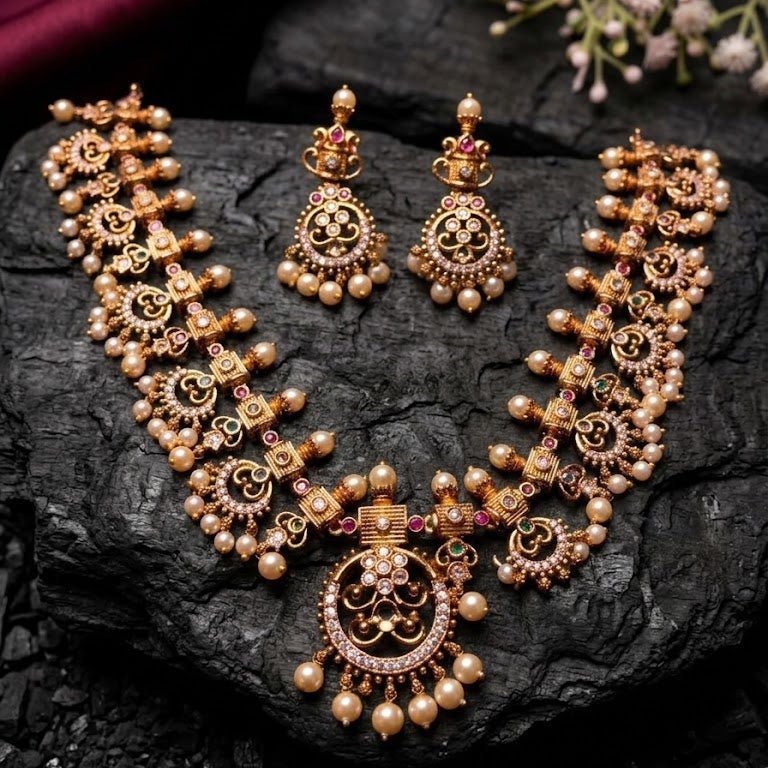 Antique Gold - Plated Pearl Necklace Set - Riwaaj