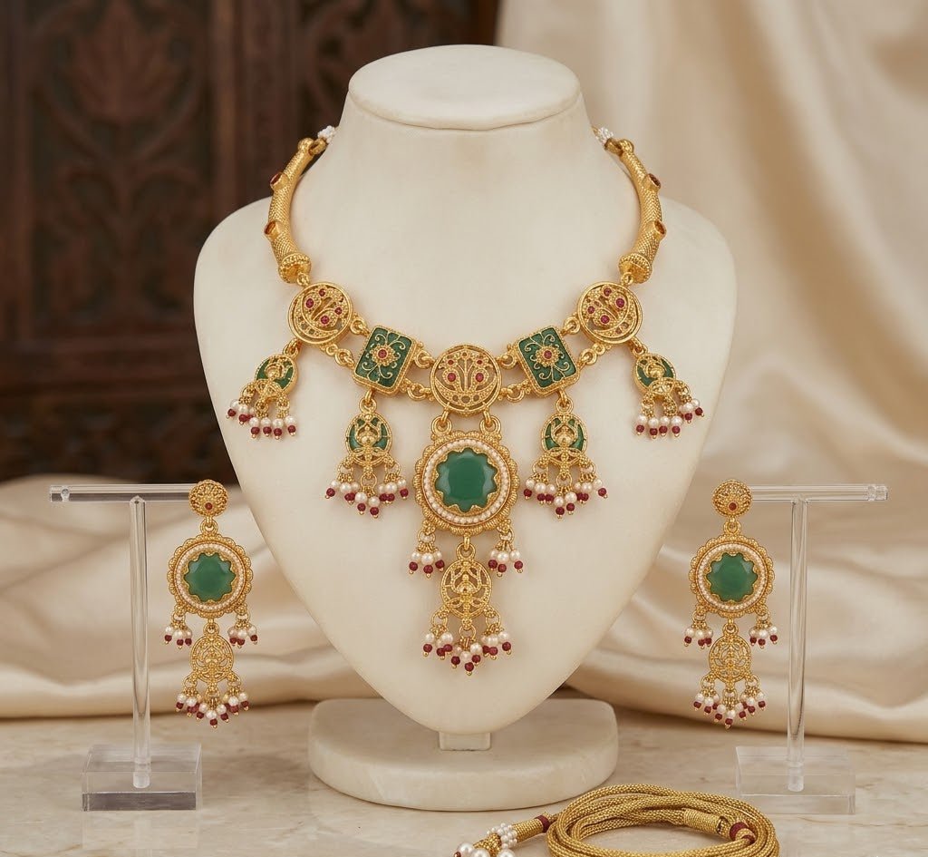 Royal Veridian Collar & Drop Earring Set - Riwaaj