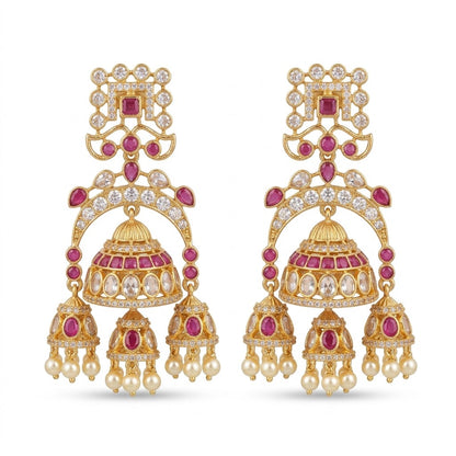 Gul-e-Noor Triple Jhumki Earrings – Gold Floral Ruby & Pearl Drops