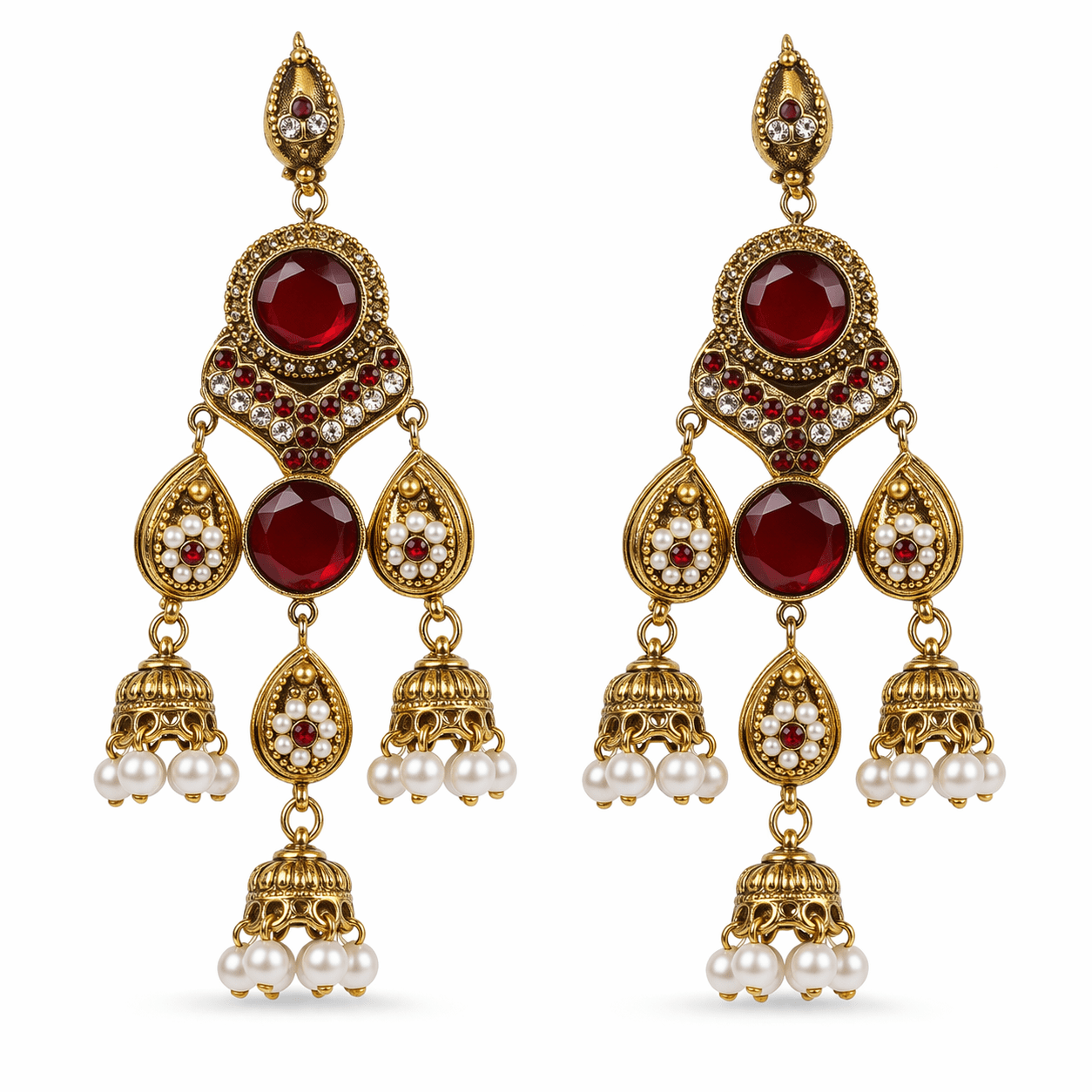 Antique Gold Jhumka Chandelier Earrings – Ruby Kundan & Pearl Drops - Riwaaj