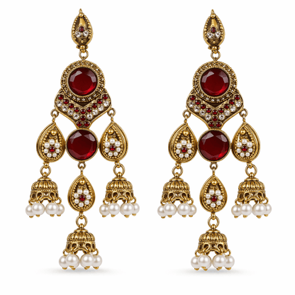 Antique Gold Jhumka Chandelier Earrings – Ruby Kundan & Pearl Drops - Riwaaj