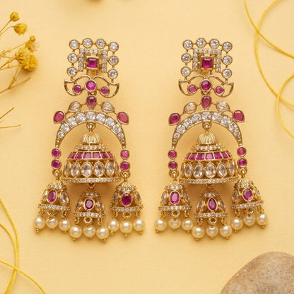 Gul-e-Noor Triple Jhumki Earrings – Gold Floral Ruby & Pearl Drops
