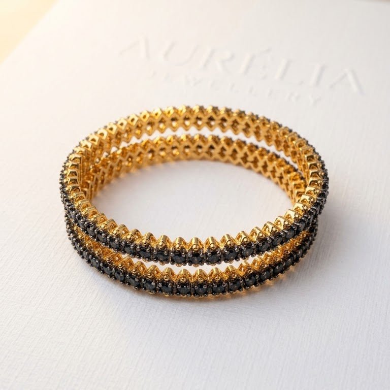 22K Gold Plated Prism Bangle Set – Handcrafted Gemstone Pair - Riwaaj