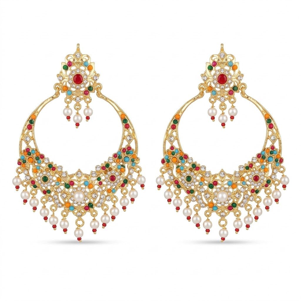 Gul - e - Rang Chandbali Earrings – 22K Gold Multicolour Kundan & Pearl Drops - Riwaaj