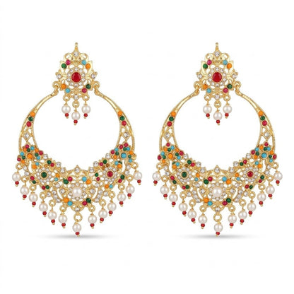 Gul - e - Rang Chandbali Earrings – 22K Gold Multicolour Kundan & Pearl Drops - Riwaaj
