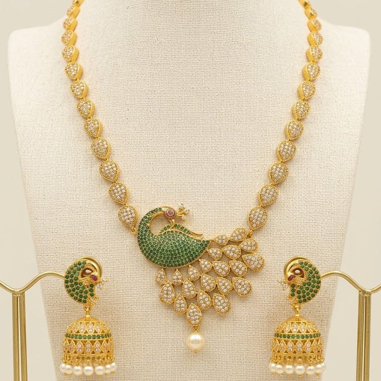 Royal Peacock Necklace Set with Jhumka Earrings - Gold Plated Heritage Jewelry - Riwaaj