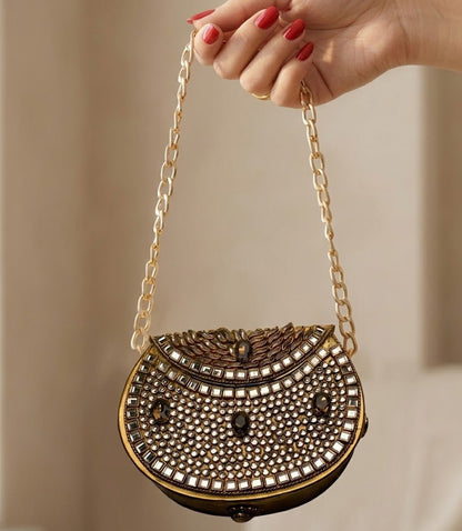 Kundan Gold Blossom Clutch – Bridal Evening Bag with Chain - Riwaaj