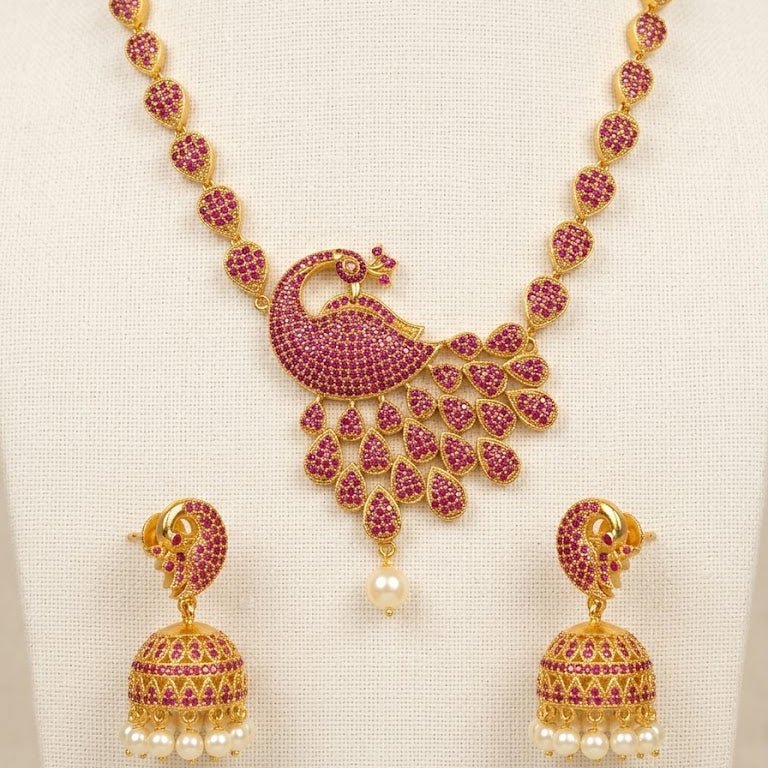 Royal Peacock Necklace Set with Jhumka Earrings - Gold Plated Heritage Jewelry - Riwaaj