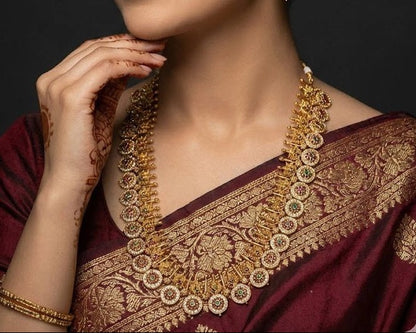 Golden Coin Medallion Necklace Set - Long Chain Temple Jewelry Gold Plated - Riwaaj