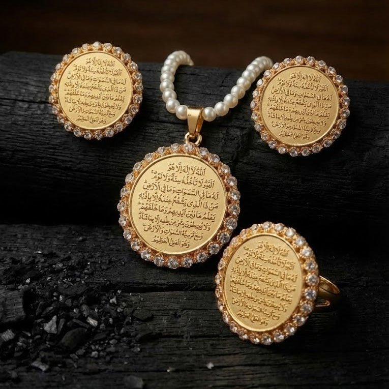 Ayat al - Kursi Locket Set – 22K Gold Plated | 3 - Piece Islamic Jewellery Set | Earrings, Pendant & Ring - Riwaaj