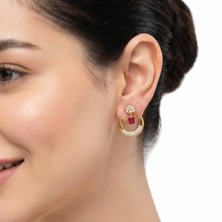Gold Plated Crescent Lotus Drop Earrings with Zirconia Stones - Riwaaj