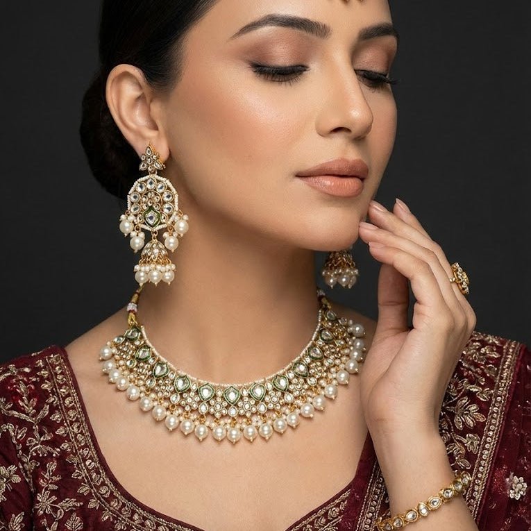 Afreen Mirror - Work Kundan Jewelry Set - 4 Piece Gold Plated - Riwaaj