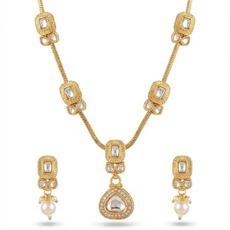 Modern Teardrop Pendant Necklace Set - Contemporary Gold Plated Jewelry - Riwaaj