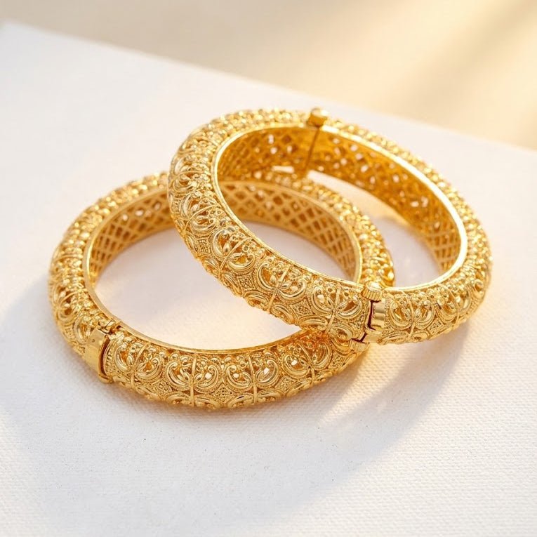 Gold Plated Hand - Carved Openable Bangle Set - 2 Piece - Riwaaj