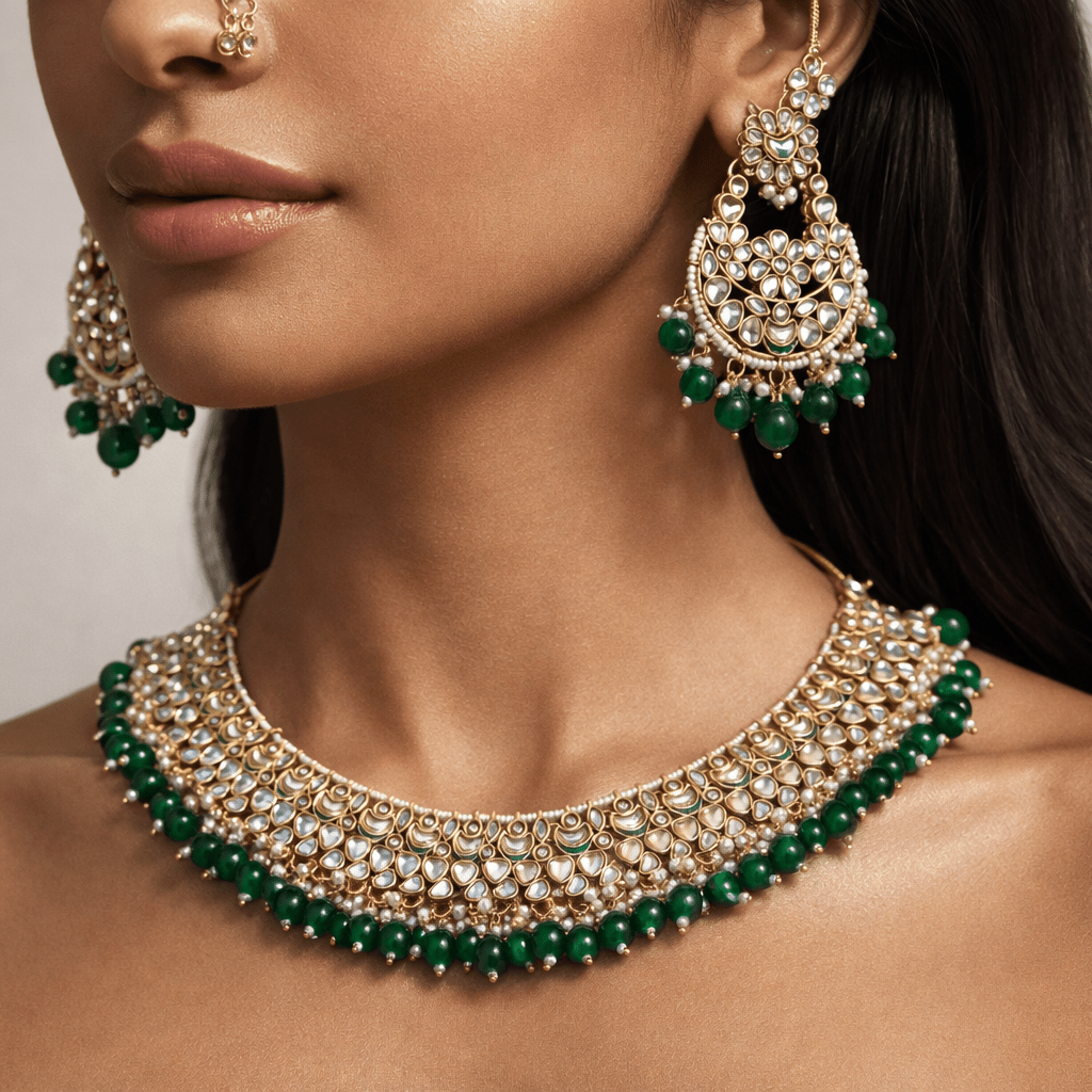 Luxury Kundan Jewelry Set - Necklace, Earrings & Teeka - Riwaaj