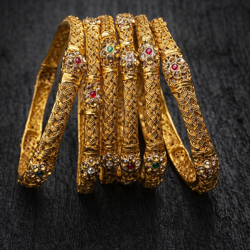 Textured Floral Choori Bangle Set – 22K Gold Plated | Ruby & Emerald Stone | Set of 6 |