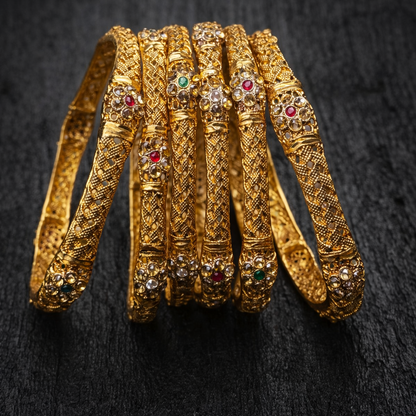 Textured Floral Choori Bangle Set – 22K Gold Plated | Ruby & Emerald Stone | Set of 6 |
